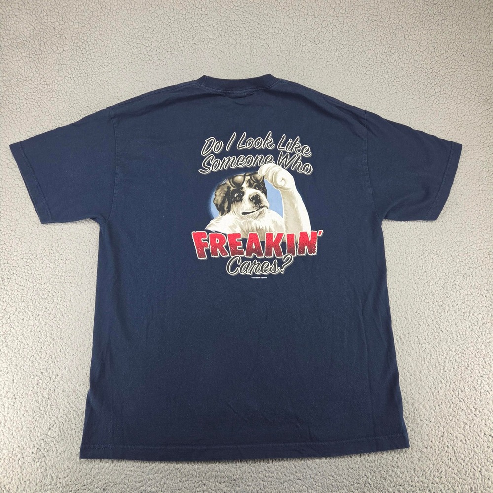 Big Dogs Freakin Cares Graphic Shirt Mens XL Navy Blue Vintage 2003 Funny Tee